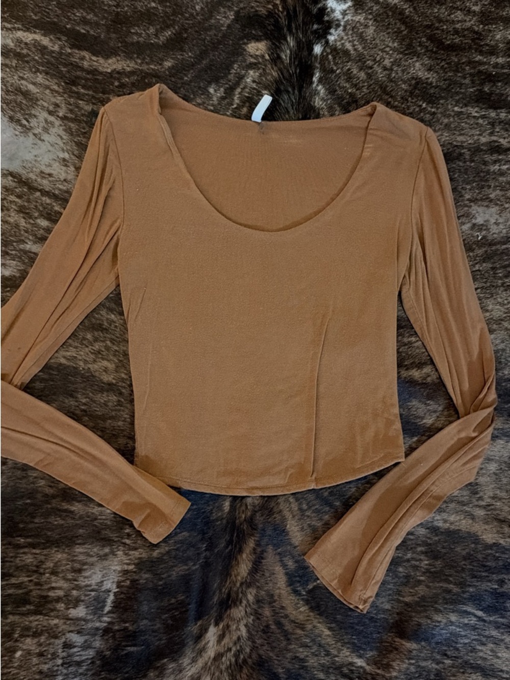 BE COOL Long Sleeve Scoop Neck Top - Camel Brown